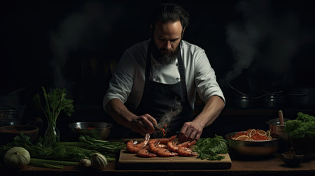Professional chef prepares shrimps with greens. Cooking seafood, healthy vegetarian food, and food on a dark background.の素材