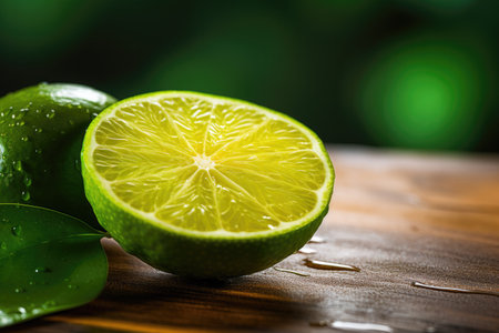 Juicy Lime Slice on Wooden Table - A Refreshing Tropical Ingredient.の素材