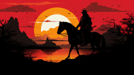 Silhouette of samurai riding horse at sunsetの素材