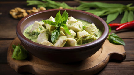 Thai food, green curry chicken with coconut curry on a wooden table.の素材