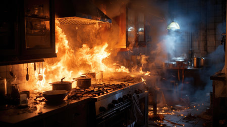 Stove ignited in the kitchen during cooking, smoke and soot around, fire at homeの素材