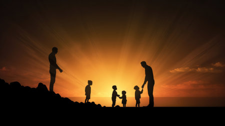 Silhouette Adults helped build the foundation for a child to grow up and grow efficiently over blurred natural team responsible for the idea of progress conceptの素材