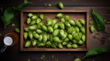 Tray with fresh green hops and wheat ears on wooden table, flat layの素材