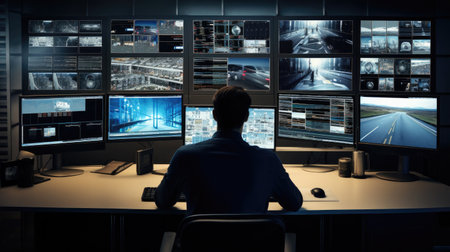 Man in monitoring security cameras on screensの素材