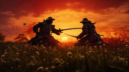 The battle of two samurai in a meadow under the sunsetの素材