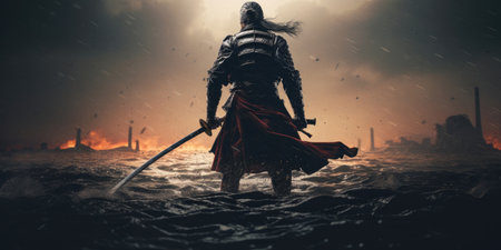 A samurai with a katana stands ready to fight against a huge armyの素材