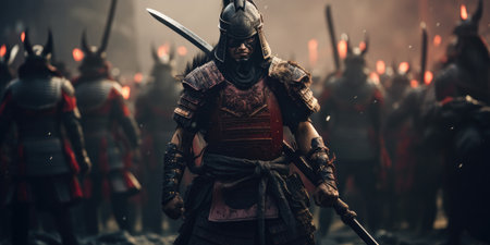 A samurai with a katana stands ready to fight against a huge armyの素材