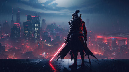 Futuristic samurai standing on a building in cyberpunk city at rainy nightの素材