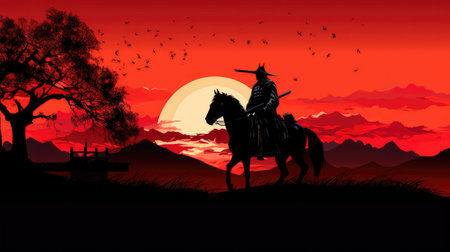 Silhouette of samurai riding horse at sunsetの素材