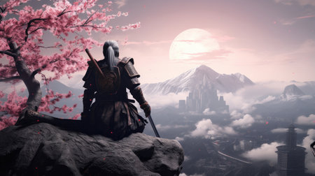 Samurai on top of mountain with sakura treeの素材