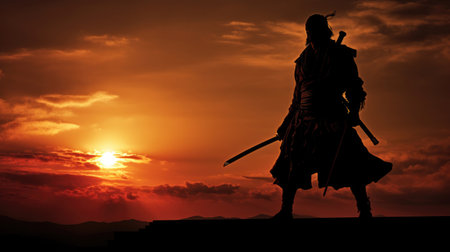 Silhouette of a samurai posing during sunsetの素材
