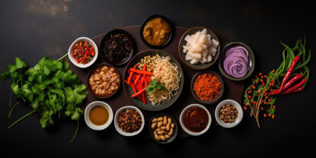 Traditional Thai food on dark background. Oriental food concept. Top view, flat lay, panoramaの素材