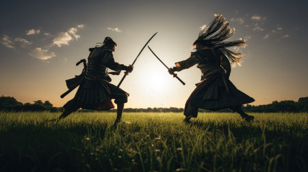 The battle of two samurai in a meadow under the moonlight.の素材