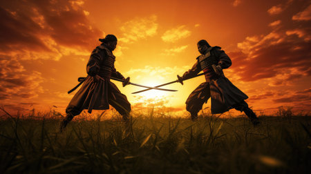The battle of two samurai in a meadow under the sunsetの素材