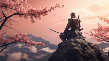 Samurai on top of mountain with sakura treeの素材