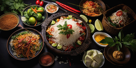 Thai food background. Dishes of thai cuisine. Tom yum, tom kha gai, pad thai noodles, fried rice with pork and vegetables khao phat mu, green papaya salad som tam, thai fruitsの素材