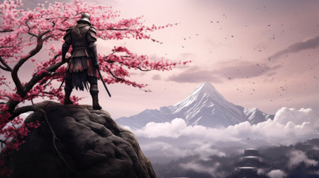 Samurai on top of mountain with sakura treeの素材