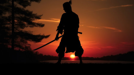 Silhouette of a samurai posing during sunsetの素材