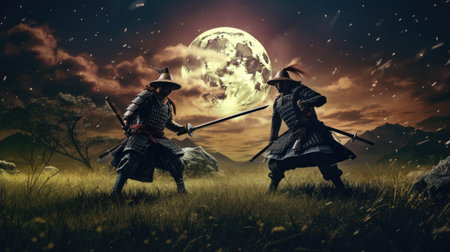 The battle of two samurai in a meadow under the moonlight.の素材