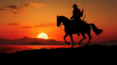 Silhouette of samurai riding horse at sunsetの素材