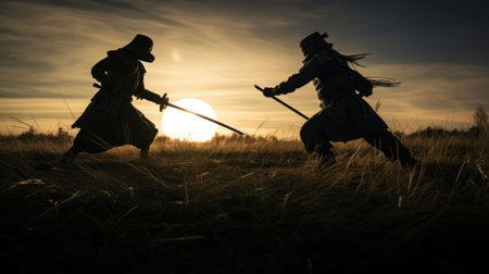 The battle of two samurai in a meadow under the moonlight.の素材