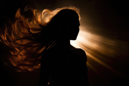 Silhouette of woman's head with waving hair, back light.の素材