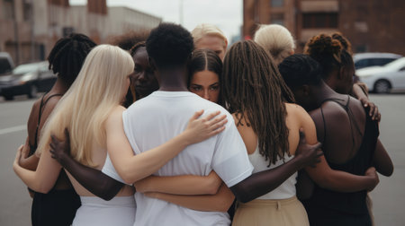 Rearview of diverse people hugging each otherの素材