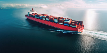 Aerial top view of cargo maritime ship with contrail in the ocean ship carrying container and running for export concept technology freight shipping by ship forwarder mastの素材