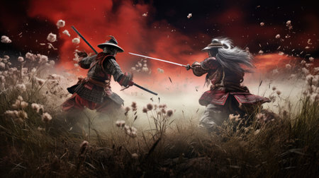 The battle of two samurai in a meadow under the moonlight.の素材