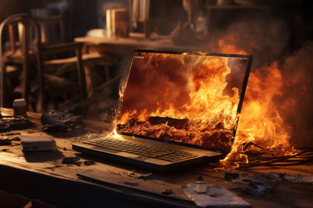 Laptop on fire. Burning lap topの素材