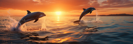 Dolphins jumping out of the water poster with copy spaceの素材