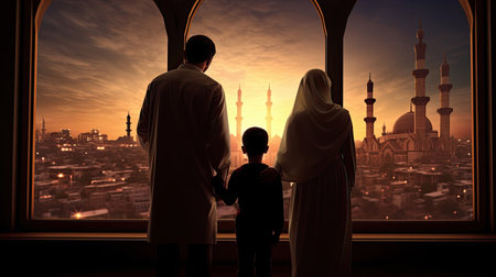 Ramadan Kareem greeting. Family at window looking at Islamic city with mosque skyline, crescent moon and stars. Muslim parents and children pray. Mother, father and kids celebrate end of fasting.の素材