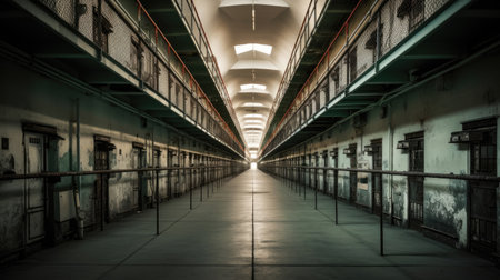 Rows of prison cells, prison interior.の素材