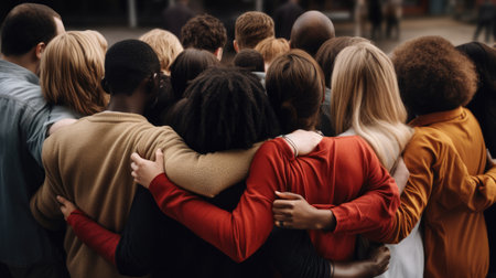Rearview of diverse people hugging each otherの素材
