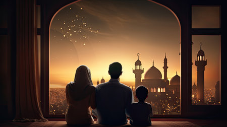 Ramadan Kareem greeting. Family at window looking at Islamic city with mosque skyline, crescent moon and stars. Muslim parents and children pray. Mother, father and kids celebrate end of fasting.の素材