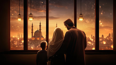 Ramadan Kareem greeting. Family at window looking at Islamic city with mosque skyline, crescent moon and stars. Muslim parents and children pray. Mother, father and kids celebrate end of fasting.の素材