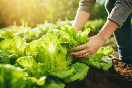 Woman hands picking green lettuce in vegetable garden.の素材