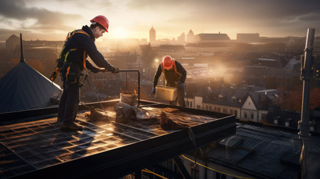 Construction workers working on the roof.の素材