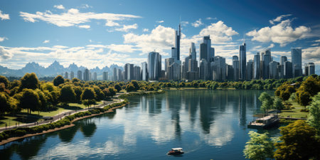 Public park and high-rise buildings cityscape in metropolis city center . Green environment city and downtown business district in panoramic viewの素材