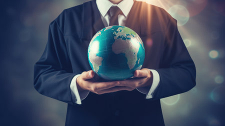 Education in Global world, Graduation cap on Businessman holding Earth globe model map with Radar background in hands. Concept of global business studyの素材