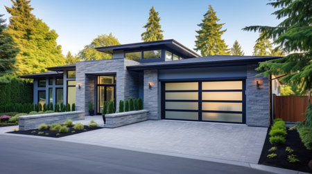 Luxurious new construction home in Bellevue, WA. Modern style home boasts two car garage framed by blue siding and natural stone wall trim.の素材