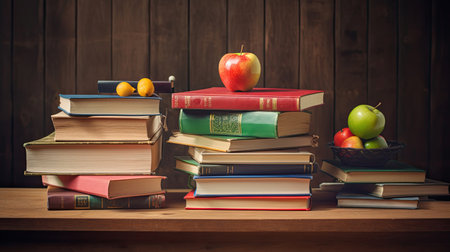 School books on desk, education conceptの素材