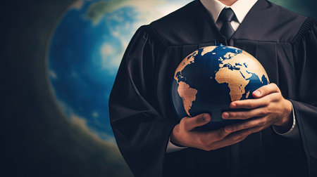 Education in Global world, Graduation cap on Businessman holding Earth globe model map with Radar background in hands. Concept of global business studyの素材