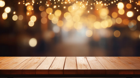 Background Image of wooden table in front of abstract blurred restaurant lightsの素材