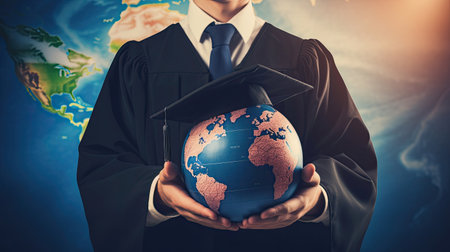 Education in Global world, Graduation cap on Businessman holding Earth globe model map with Radar background in hands. Concept of global business studyの素材