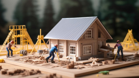 Building house on blueprints with worker - construction projectの素材