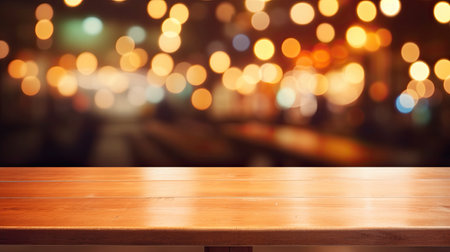 Background Image of wooden table in front of abstract blurred restaurant lightsの素材
