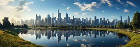 Public park and high-rise buildings cityscape in metropolis city center . Green environment city and downtown business district in panoramic viewの素材
