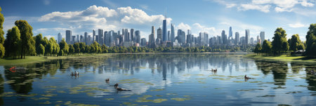 Public park and high-rise buildings cityscape in metropolis city center . Green environment city and downtown business district in panoramic viewの素材