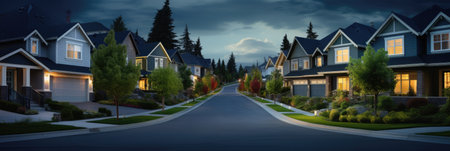 Urban or suburban neighborhood at night, houses with lights, late evening or midnight. homes with garages,trees and driveway. Suburb village landscape with cottage buildings, street lampsの素材